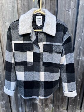 Garage Oversized Black Plaid Jacket Sherpa Collar Size XS Like New